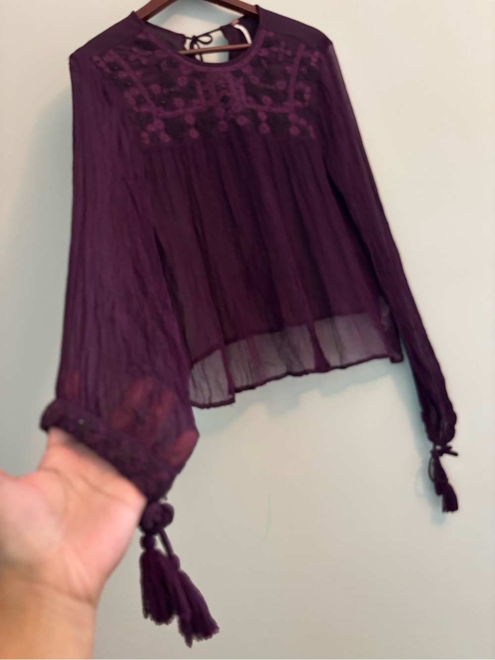 Free People Size S Plum Purple Sheer Embroidered Floral + Beaded, Braided Touch